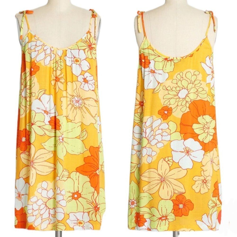 ModCloth Paradise Worthy Tie Shoulder Dress Retro 70's Hippy Flower‎ Yellow Sz L